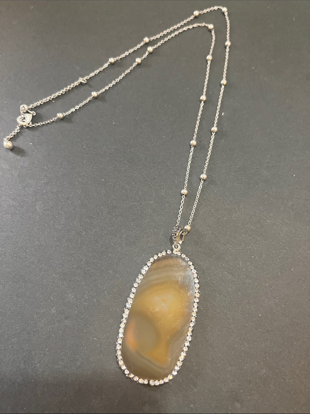 Sterling Silver Beige Agate Pendant Necklace with Crystal Halo